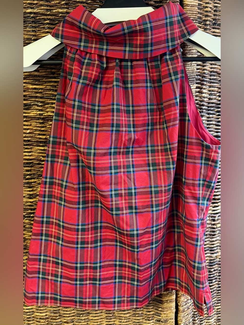 Sail to Sable Red Plaid Sleeveless Cowl-Neck Top with Button-Back, Small